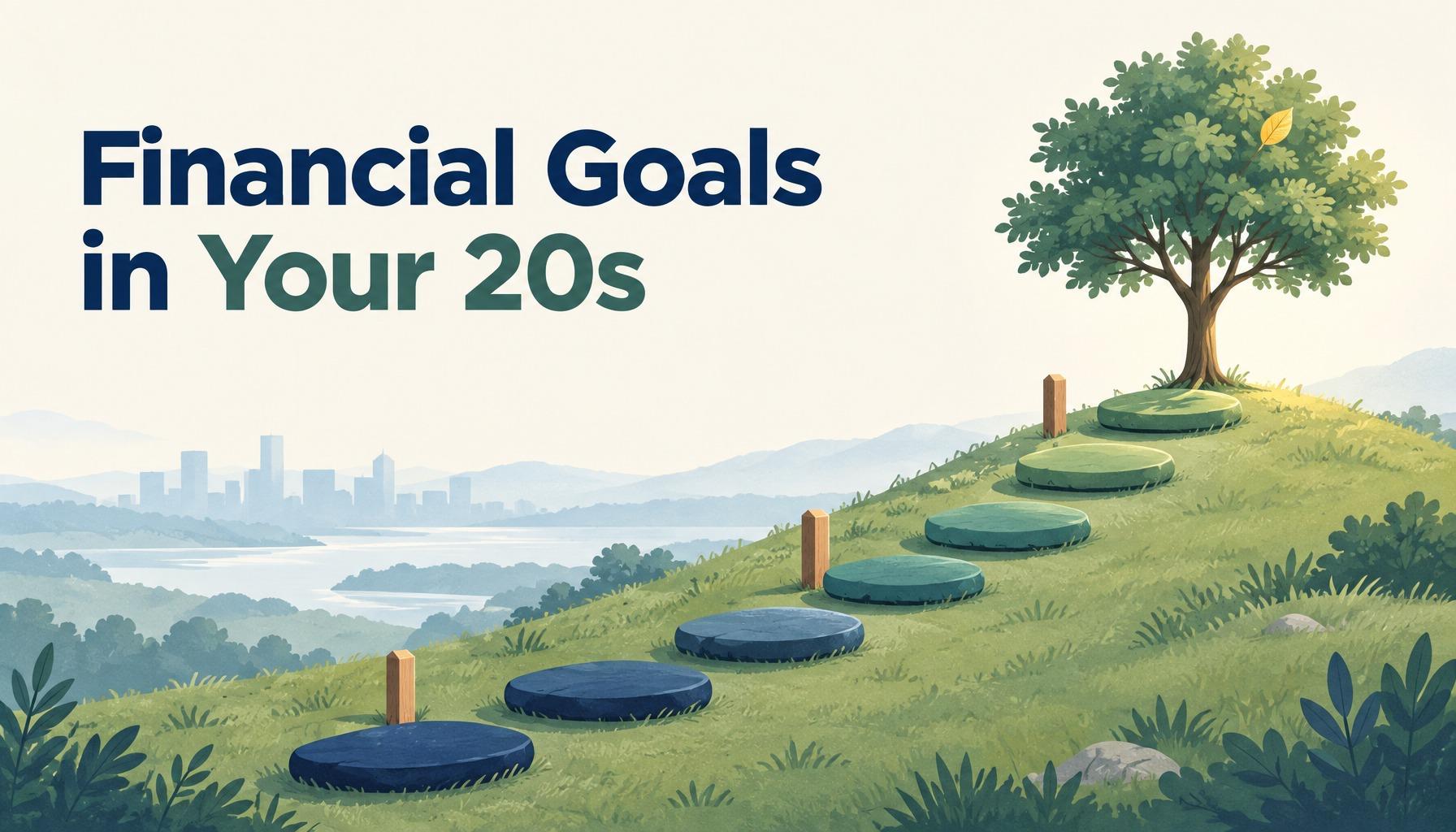 "Financial Goals in Your 20s": stepping stones climbing a gentle hill toward a young tree, with blank milestone posts