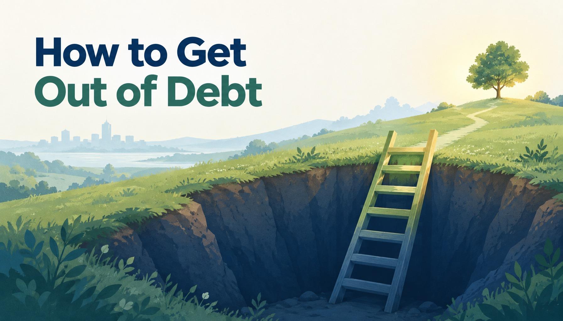 "How to Get Out of Debt": a wooden ladder rising from a shaded pit onto a sunlit green meadow