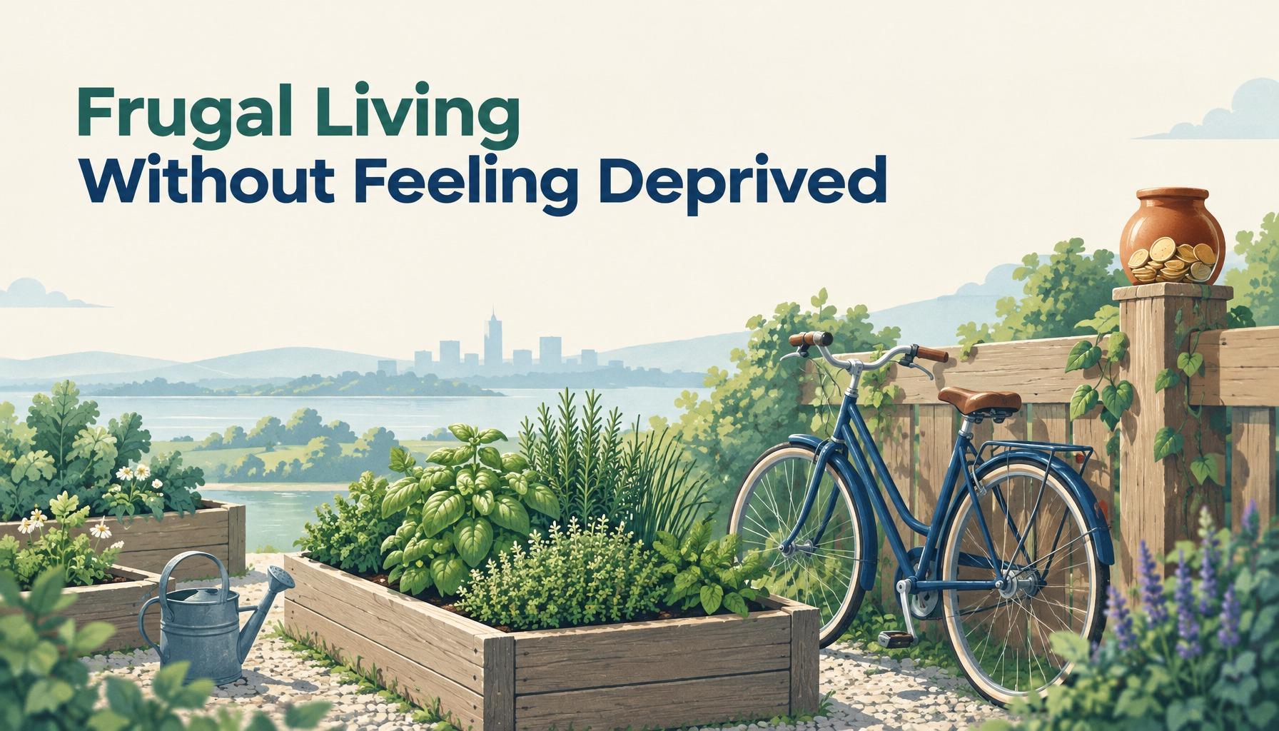 Frugal Living Without Feeling Deprived: a tidy herb garden, a bicycle and a jar of coins