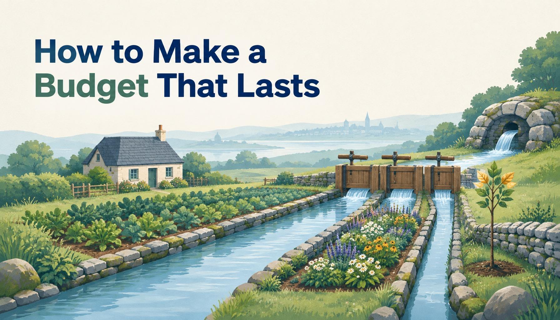 "How to Make a Budget That Lasts": a stream split by wooden gates into three channels watering garden plots