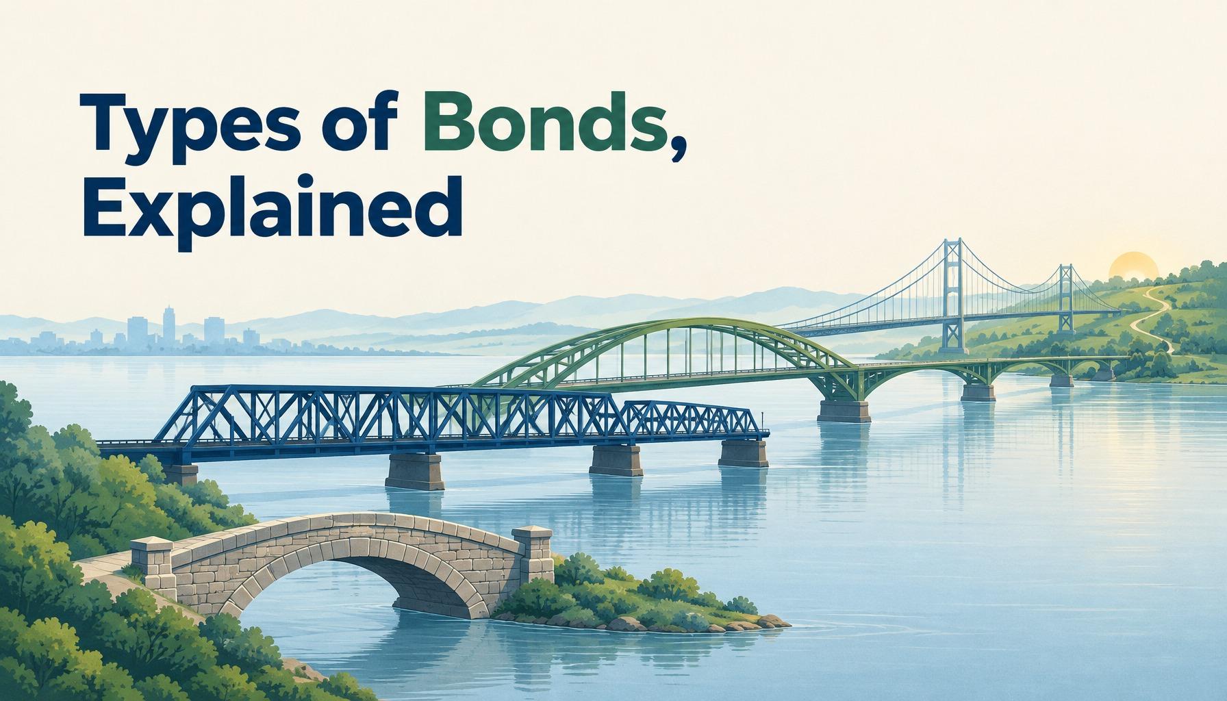 "Types of Bonds, Explained": several bridges of different lengths cross a calm river to the same green shore
