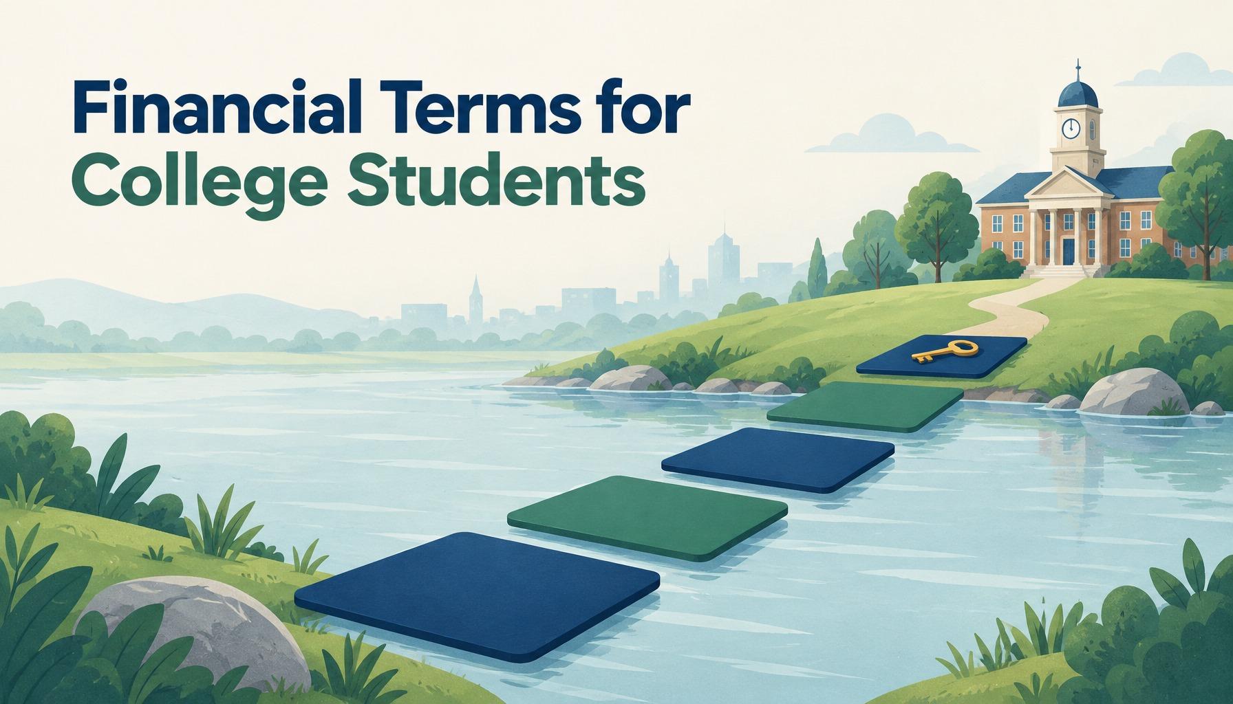 "Financial Terms for College Students": blank flash cards laid as stepping stones across a stream to a campus