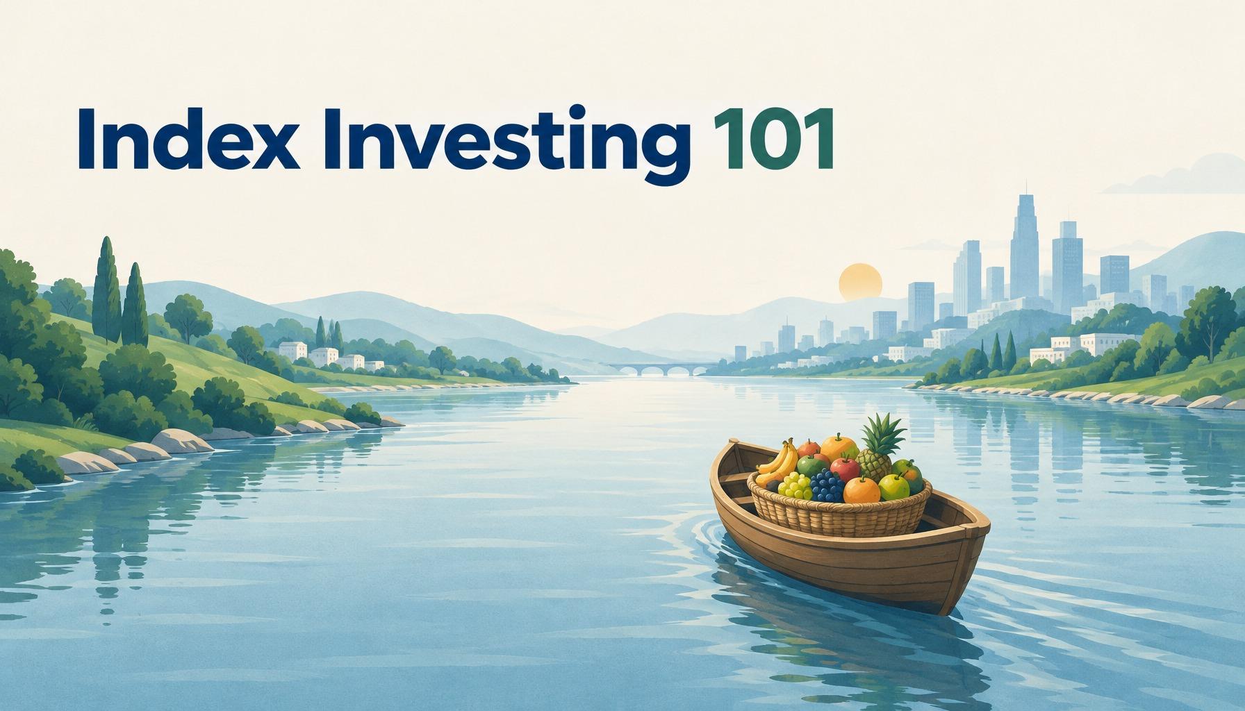 Index Investing 101: one boat carrying a basket of many fruits down a calm, steady river