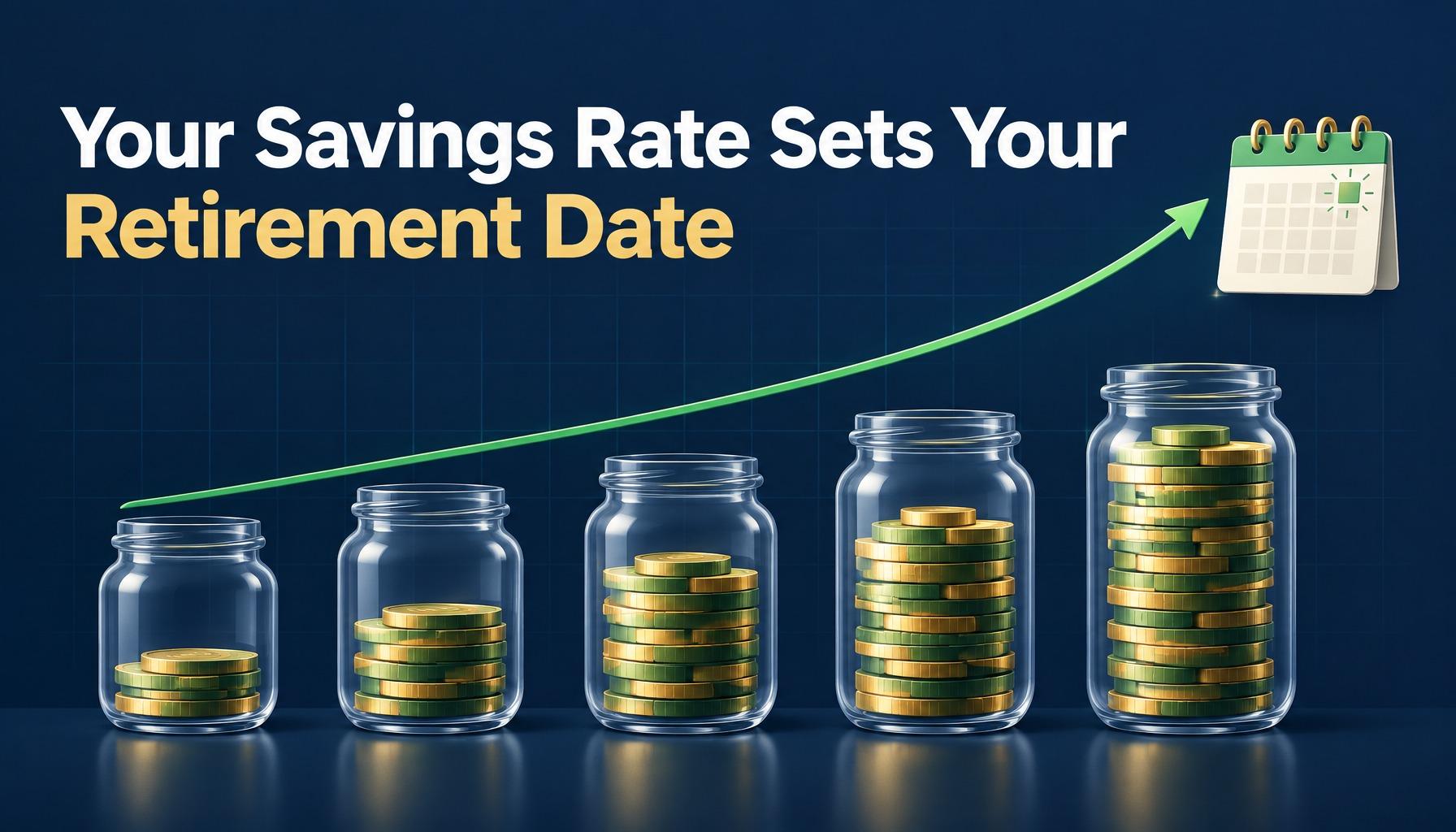 "Your Savings Rate Sets Your Retirement Date": five coin-filled savings jars under a green curve reaching a calendar