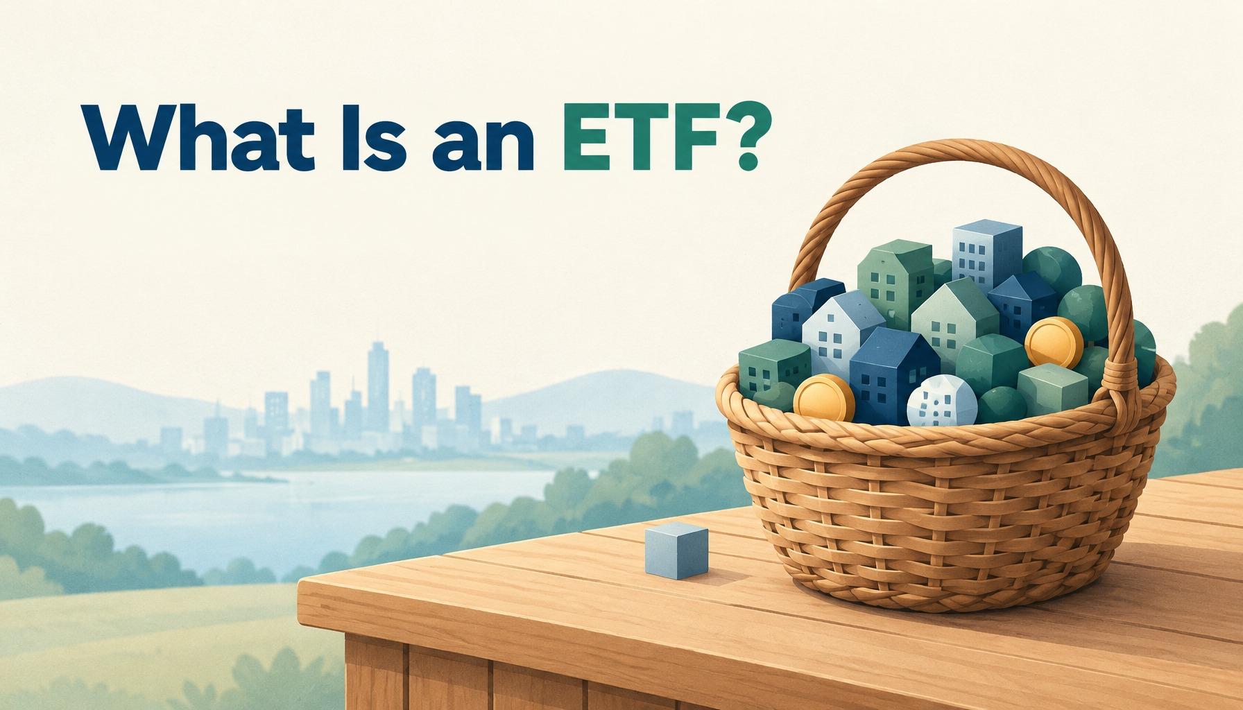 "What Is an ETF?": a woven basket packed with small buildings and coins, beside one lone block on the counter