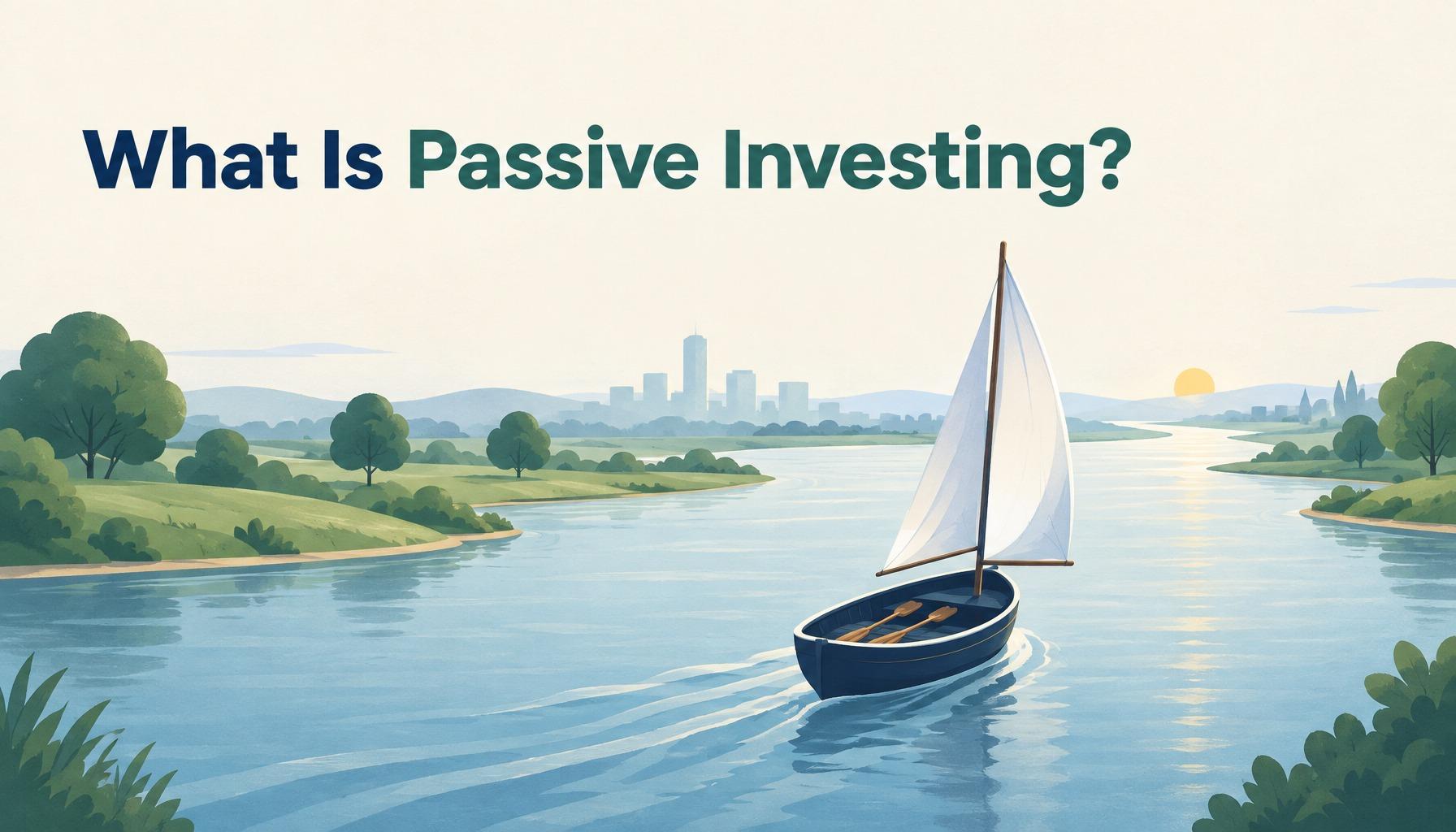 "What Is Passive Investing?": a sailboat with its oars at rest carried by a calm, wide river toward the horizon